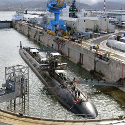 view of submarine in dry dock